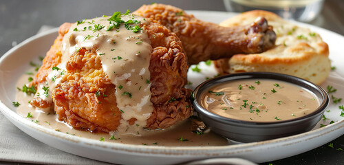Crispy golden fried chicken served with fluffy buttermilk biscuits and savory gravy. - obrazy, fototapety, plakaty