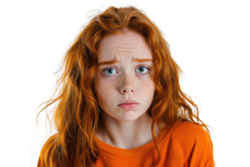 beautiful young redhead teenager girl with orange pullover isolated on white or transparent