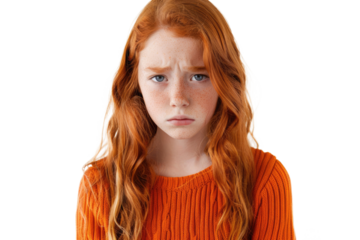 beautiful young redhead teenager girl with orange pullover isolated on white or transparent