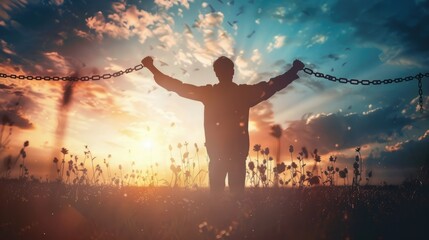 freedom concept, man breaking chains in natural field - obrazy, fototapety, plakaty