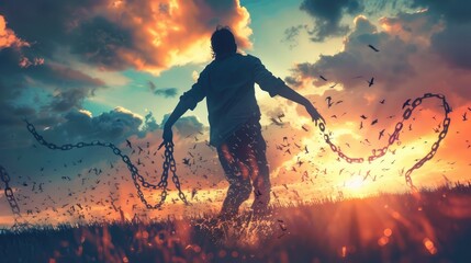 freedom concept, man breaking chains in natural field