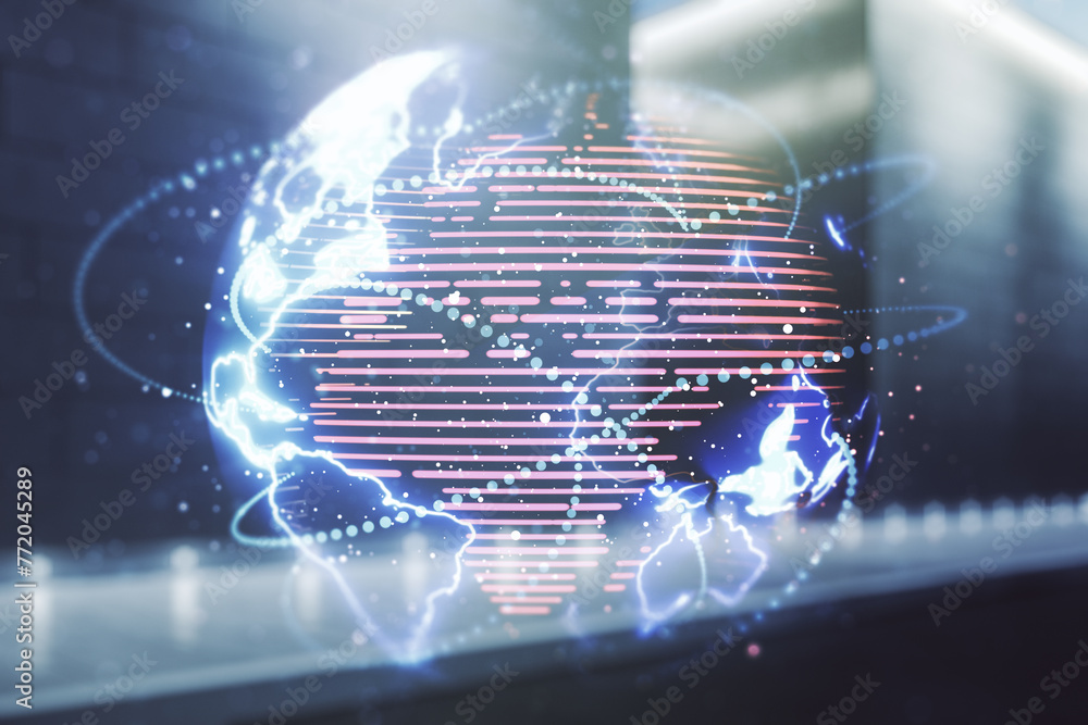 Poster double exposure of abstract digital world map hologram with connections on contemporary business cen