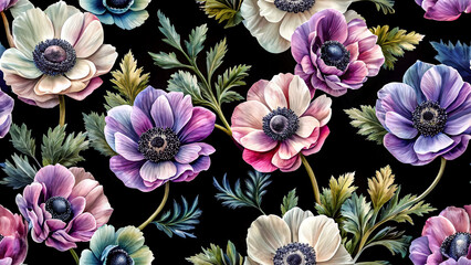 Seamless delicate anemone flowers pattern, wedding wallpaper design. Generative ai - obrazy, fototapety, plakaty