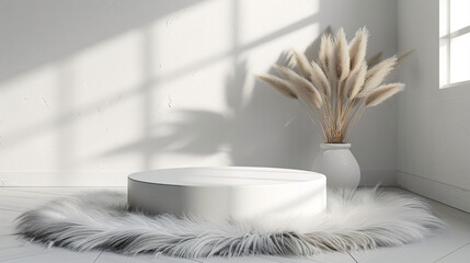 white product display podium with light ray from window for luxury product advertisement and pretentation