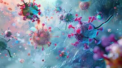 Immune System Response Illustration. A scientific visual of the body's defense mechanism against viruses at the microscopic level, serving medical and microbiological needs.