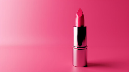 A pink lipstick is shown with a pink background. The lipstick is the main focus of the image, and it is a bold and vibrant shade. The pink background adds a sense of color and energy to the scene.