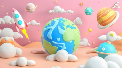 Fototapeta na wymiar 3D cartoon planet Earth, rocket and moon floating in space, simple background with clouds and planets, in the style of clay illustration, pink blue yellow color palette, cute cartoon design