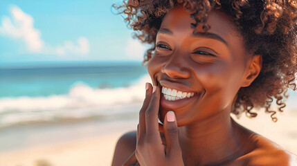 Stylish African American Woman Enjoys Sunny Beach Day - obrazy, fototapety, plakaty