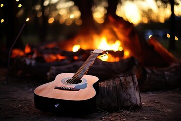 Guitar by the Campfire: Capture the strings and frets of a guitar. - obrazy, fototapety, plakaty