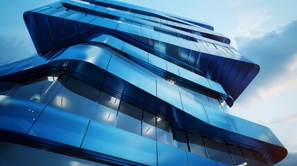 A striking 3D render of a sleek blue building, embodying innovation and architectural excellence - obrazy, fototapety, plakaty
