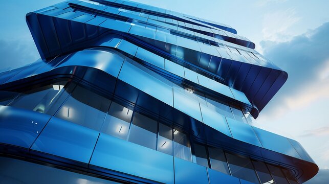 A striking 3D render of a sleek blue building, embodying innovation and architectural excellence