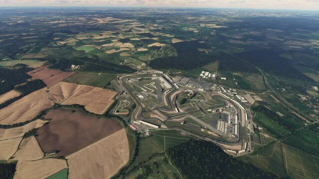 Top aerial drone shot of Silverstone Circuit at Towcester. United Kingdom