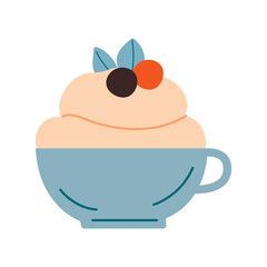 Whipped cream with berries in a blue bowl isolated on white background. Design for invitation or greeting card, poster. Flat hand drawn style