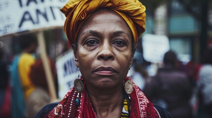 An intimate portrait of an activist, their gaze confident and direct, surrounded by signs of peaceful protest, embodying the power of authenticity and the relentless pursuit of social justice - obrazy, fototapety, plakaty