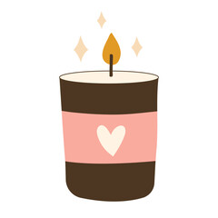 Soy wax candles in glass jar isolated on white background. Modern aromatic interior decoration. Home decor with glowing light. Flat hand drawn style