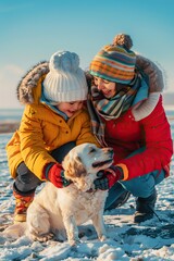 Family with dog on winter beach