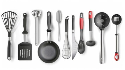 Photo realistic kitchen tools set collection. Isolated on white background Generative ai