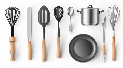 Photo realistic kitchen tools set collection. Isolated on white background Generative ai