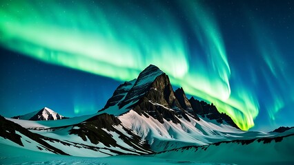 Aurora borealis in the night sky over snow covered mountains