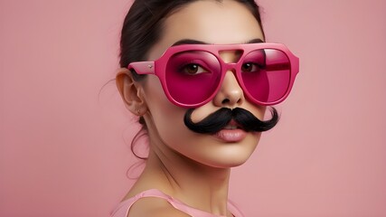 Vibrant pink oversized sunglasses with playful black mustache on a pink background, embodying April Fool's Day whimsy