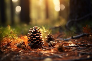 Pinecone and Leaves: Macro shot of natural elements like pinecones and leaves. - obrazy, fototapety, plakaty