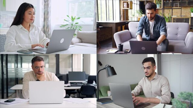 Collage of diverse businesspeople working on laptop in locations as home, office. Multi screen of business man, woman using pc computer for freelancer, entrepreneur group work. Online remote teamwork