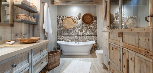 Obraz na płótnie Canvas A coastal-inspired washroom with driftwood accents and sandy hues.