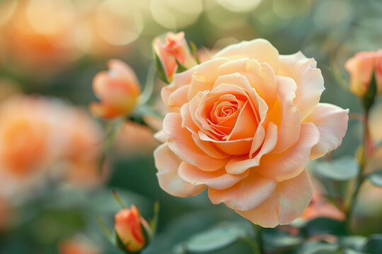 Light orange Floribunda rose blooming. Rosa Botticelli Introduced in France by Meilland 