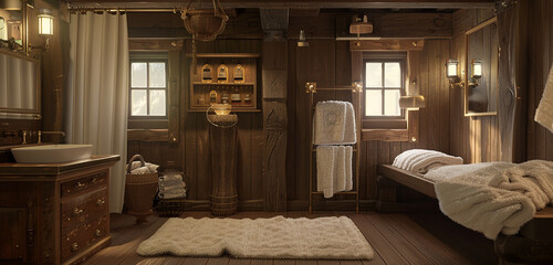 Obraz na płótnie Canvas A cozy washroom with warm wood accents and fluffy, plush towels.