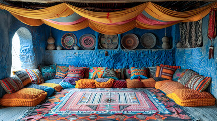 Traditional Arabic tent. Traditional Arabic themed furnishings. - obrazy, fototapety, plakaty