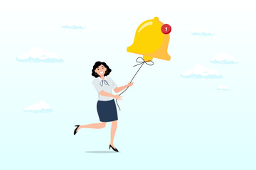 Young woman new subscriber ringing the big bell with notification number, Ring subscription bell to get reminder for new social media content (Vector)