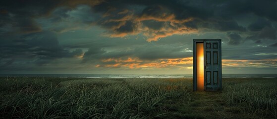 A door is open in the middle of an empty grass field, leading to beautiful cloudy sky with ocean and landscape 