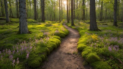 A forest path blanketed in soft moss and dotted with the vibrant colors of wildflowers waking to the spring sun Generative AI