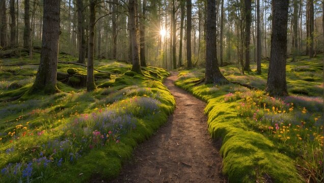 A forest path blanketed in soft moss and dotted with the vibrant colors of wildflowers waking to the spring sun Generative AI