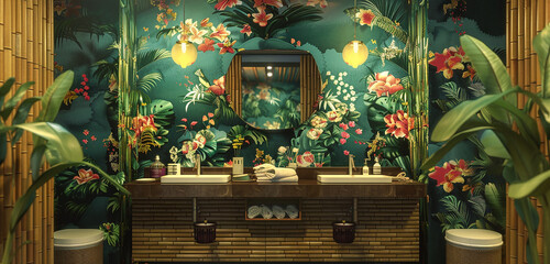 A tropical-themed washroom with bamboo accents and vibrant floral wallpaper.