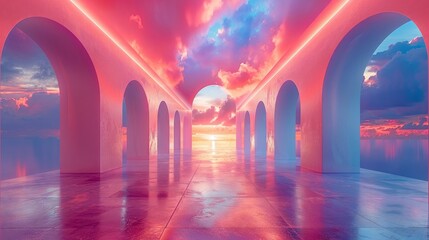 rainbow pastel 3d arch in the clouds, surreal room with rainbow colored floor and sky - obrazy, fototapety, plakaty