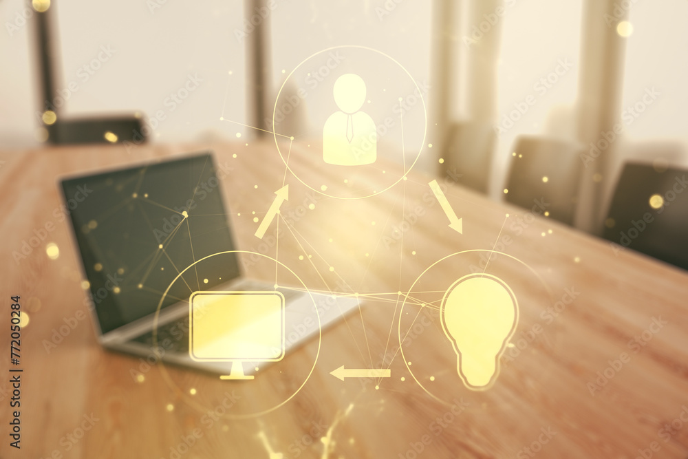 Aufkleber Double exposure of social network icons concept with computer on background. Networking concept
