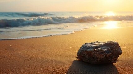 A solitary rock casts a long shadow on the sandy beach, with the golden hour sunlight reflecting off the ocean waves.