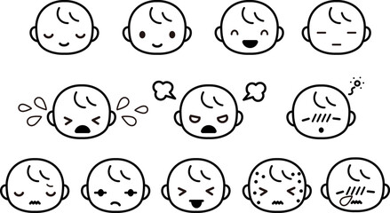 いろいろな表情の赤ちゃんの顔のシンプルなイラストセット