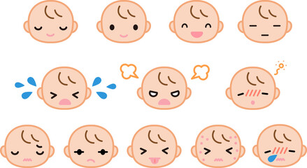 いろいろな表情の赤ちゃんの顔のシンプルなイラストセット　カラー