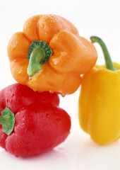 Red and yellow peppers on white background