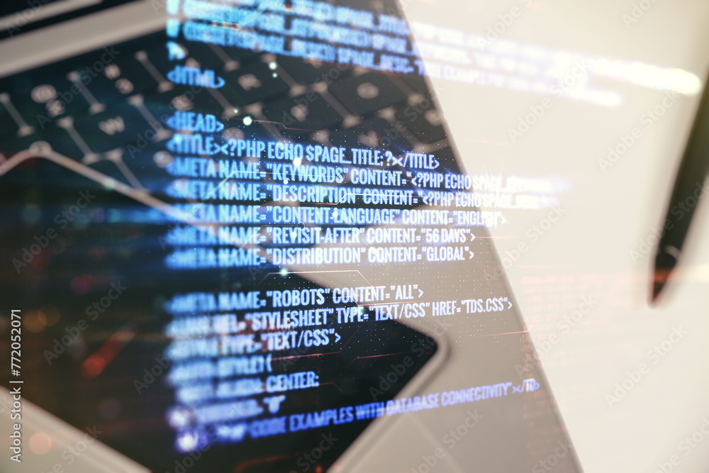 Poster multi exposure of abstract programming language hologram on computer background, artificial intellig