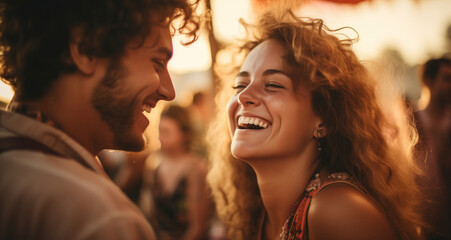 Joyful melodies. A young couple, deeply in love, share a moment of pure happiness as they laugh joyfully at each other during an early morning rock or electronic music festival - obrazy, fototapety, plakaty