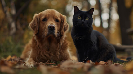 The beautiful cohabitation of a retriever and a cat