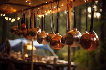 Cooking Utensils Hanging: Showcase the details of cooking utensils hanging from a campsite setup. - obrazy, fototapety, plakaty