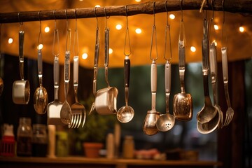 Cooking Utensils Hanging: Showcase the details of cooking utensils hanging from a campsite setup. - obrazy, fototapety, plakaty