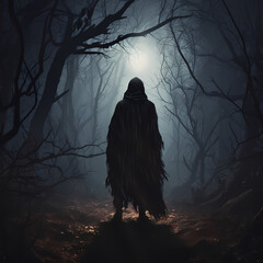 A mysterious figure in a hooded cloak standing in the misty night - obrazy, fototapety, plakaty