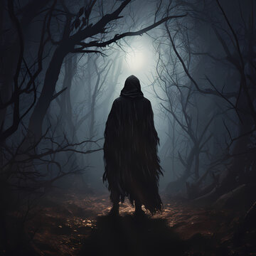 A mysterious figure in a hooded cloak standing in the misty night