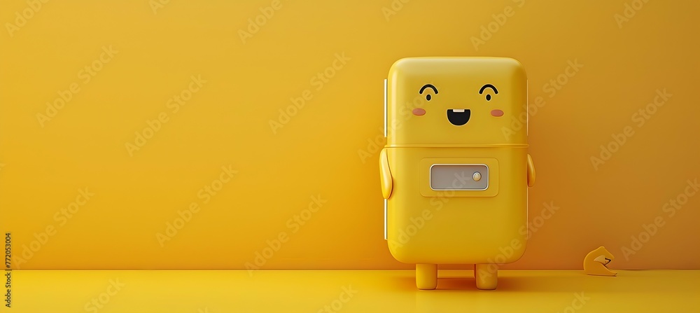 Poster 3d rendered image depicts a bright yellow dispenser box character with a friendly smiling expression