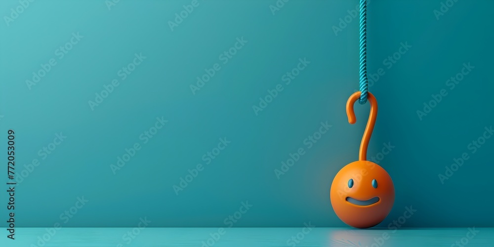 Poster stylized smiley hang tab featuring highlighted hook on solid turquoise background with ample copy sp